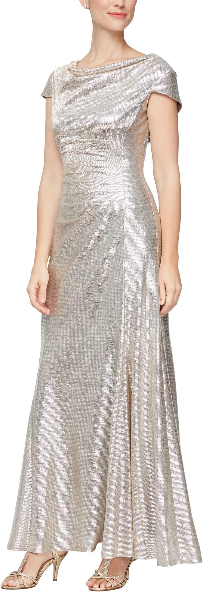 Alex Evenings Long Knit Metallic A-Line Dress in Champagne