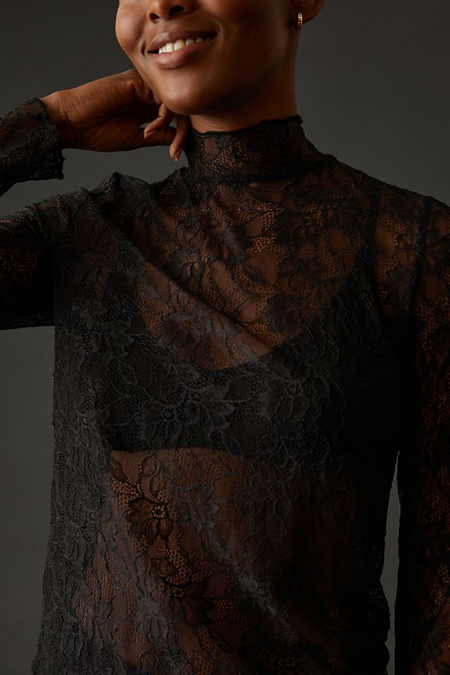 Anthropologie layered lace turtleneck, black