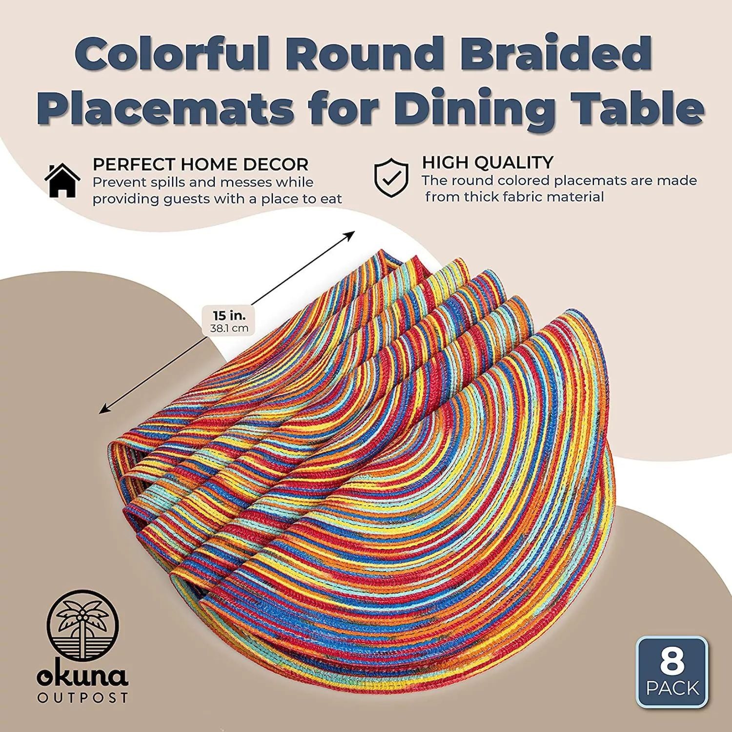 Colorful Round Woven Dinner Table Placemats (15 Inch, 8 Pieces)