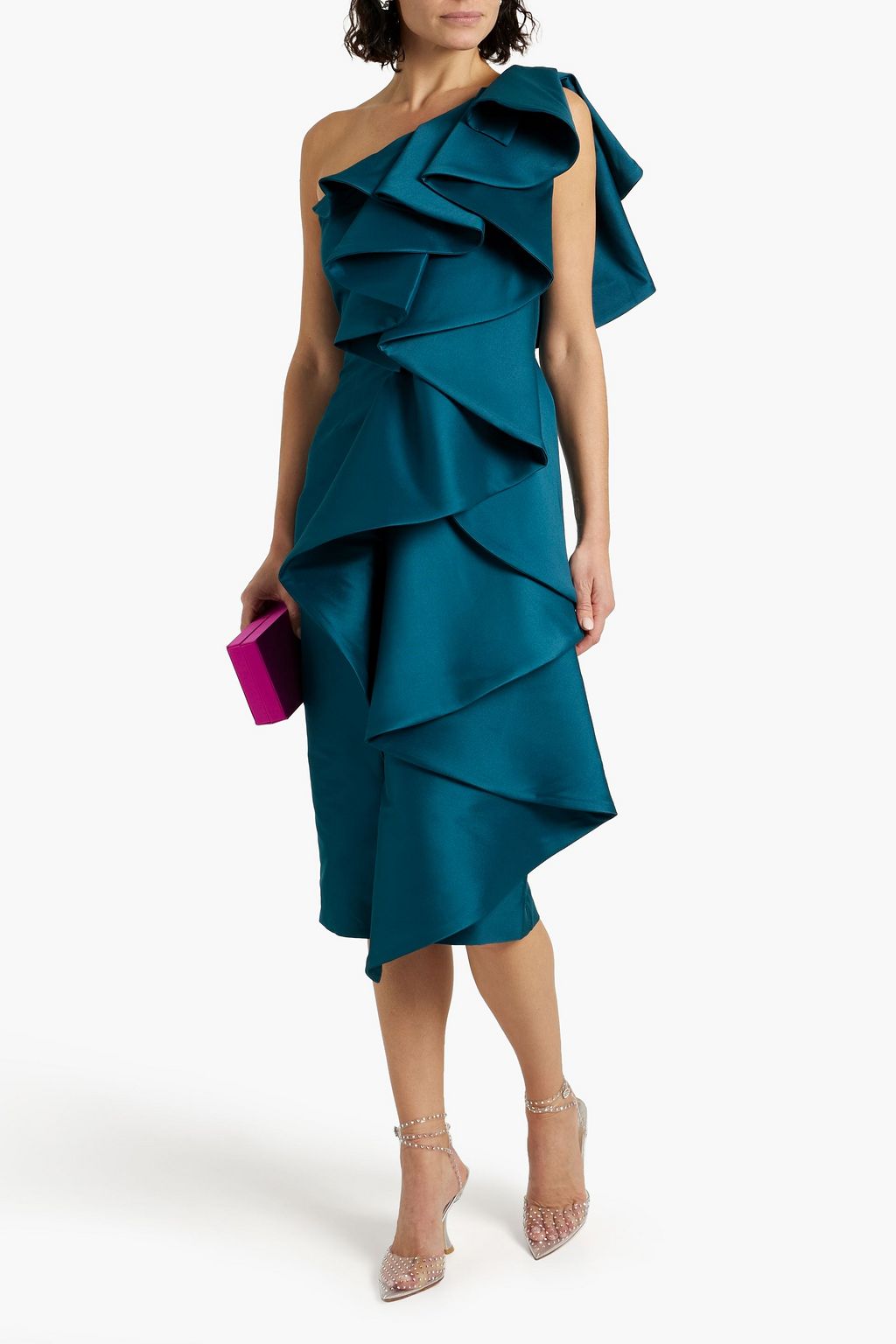 Satin one-shoulder Duchesse midi dress with ruffles BADGLEY MISCHKA, petrol