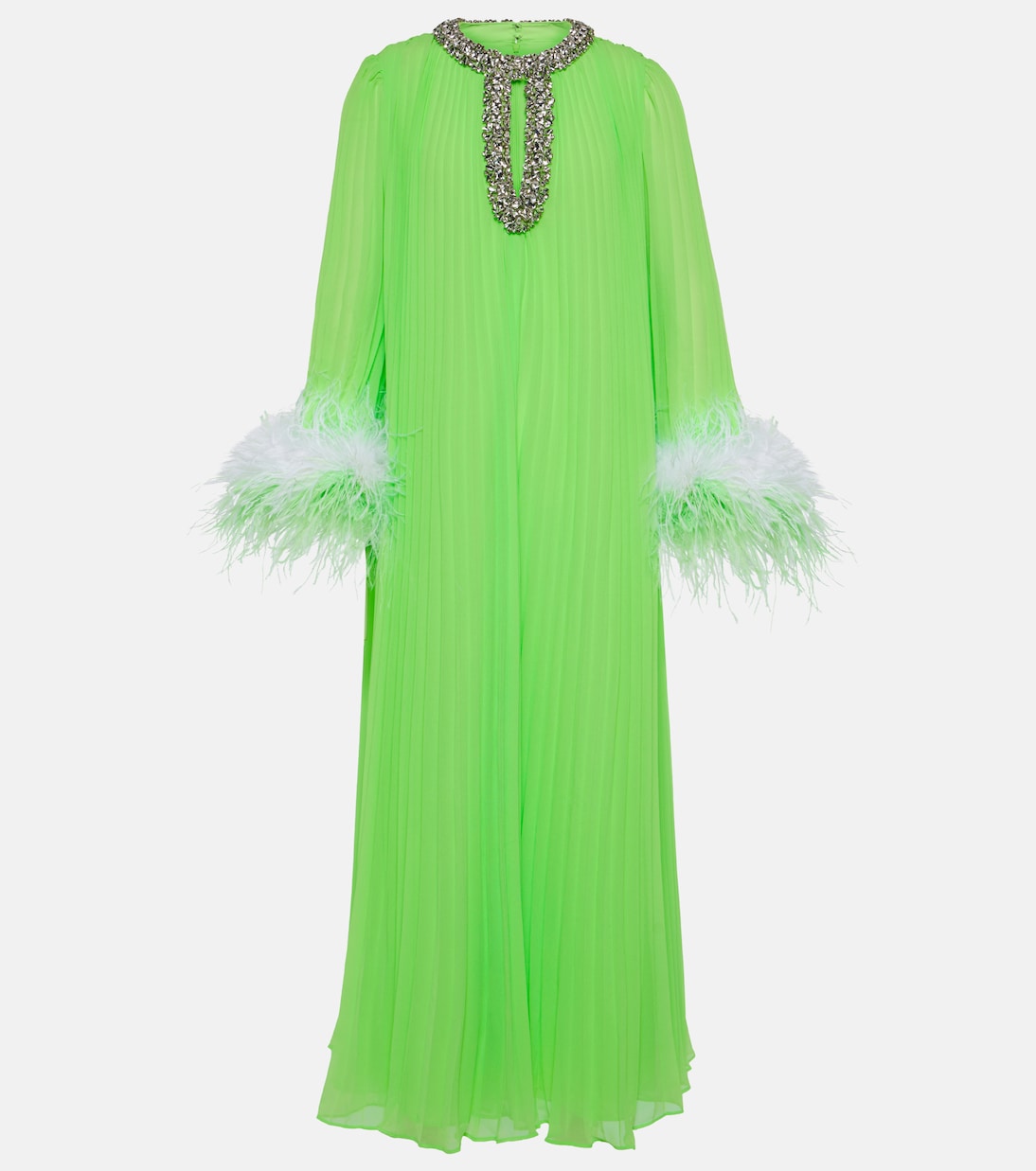 Self-Portrait Pleated Chiffon Dress with Feather Trim, Green