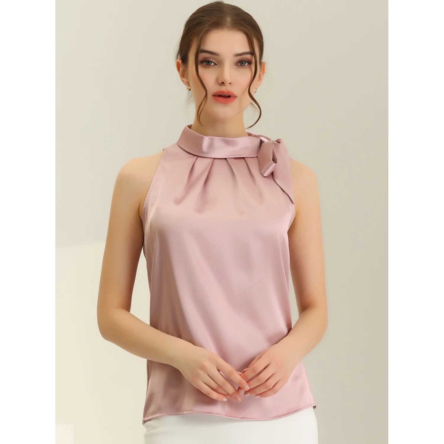 Women's Elegant Satin Solid Sleeveless Work Blouse with Bow Tie and Stand Collar ALLEGRA K ,  pink