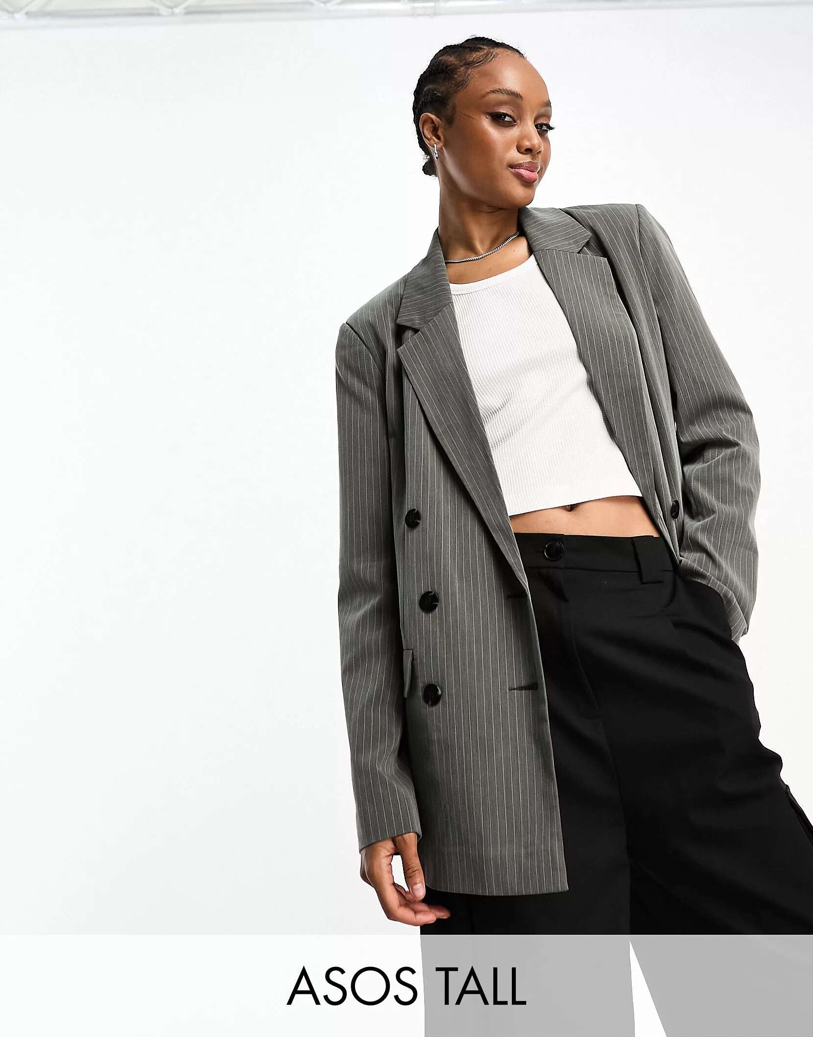 ASOS Tall Double Breasted Blazer in Gray Pinstripe