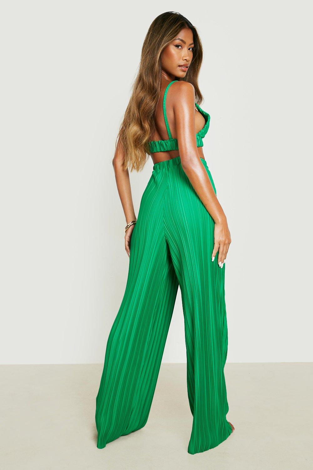 Boohoo Brulette and Wide Leg Pants Set, Green