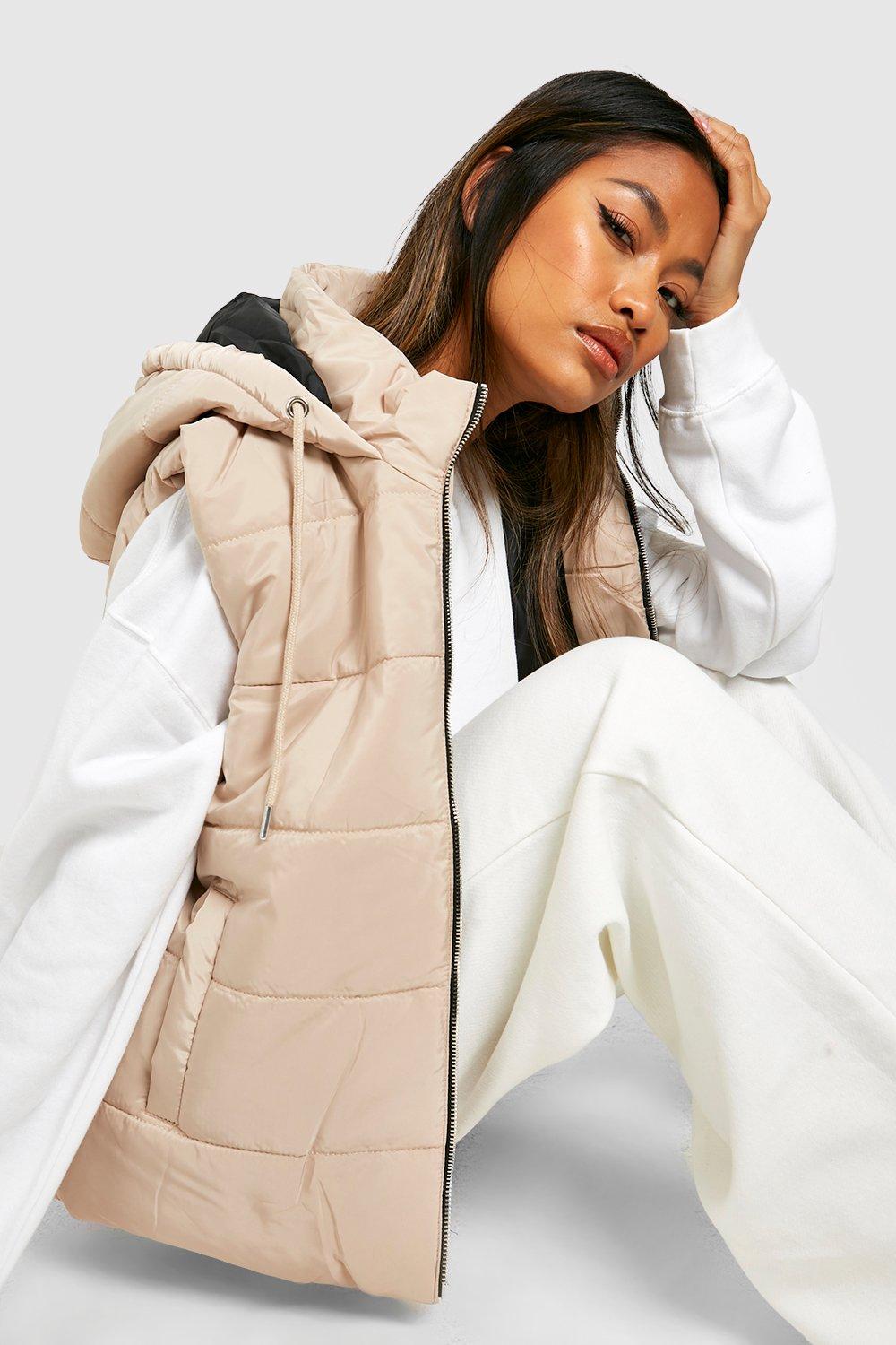 Boohoo Hooded Vest, Beige