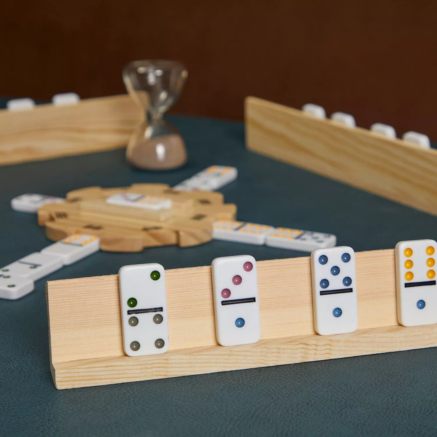 4 packs of wooden domino holders Domino Stands for Mexican Train and Mahjong (13.4 x 2.0 x 1.2 inches) Juvale