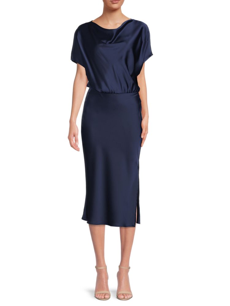 Renee C. satin midi dress with bateau neckline, navy blue