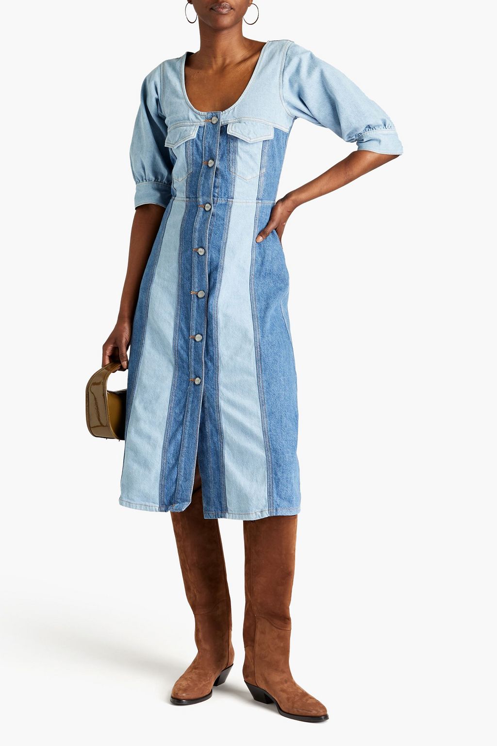 Two-tone denim midi dress GANNI, blue