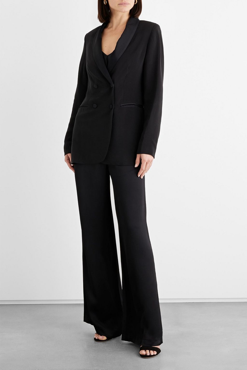 Jasmin Double Breasted Crepe Blazer with IRIS & INK Satin Trim, Black