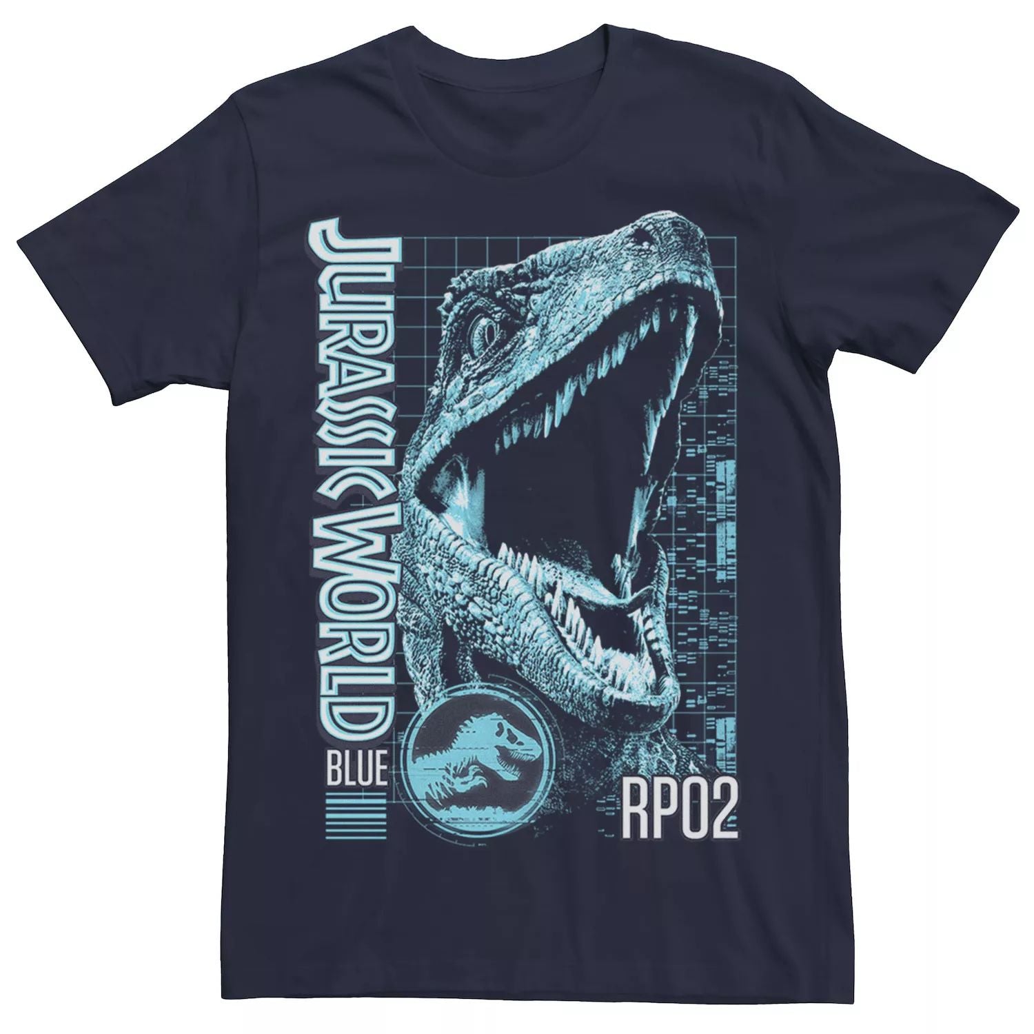 Men's Jurassic World Two Blue Face Tech Schematic Licensed Character T-Shirt, blue