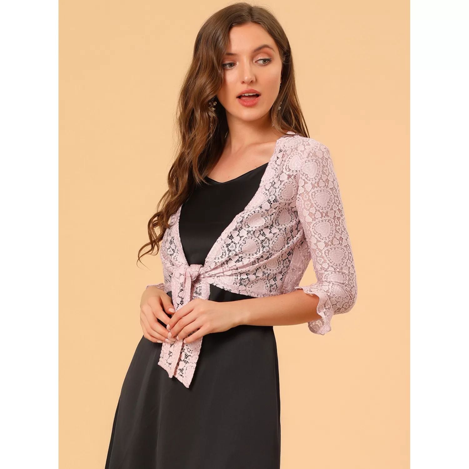 Women's elegant bolero with ruffles and 3/4 sleeves cropped lace bolero with tie front ALLEGRA K