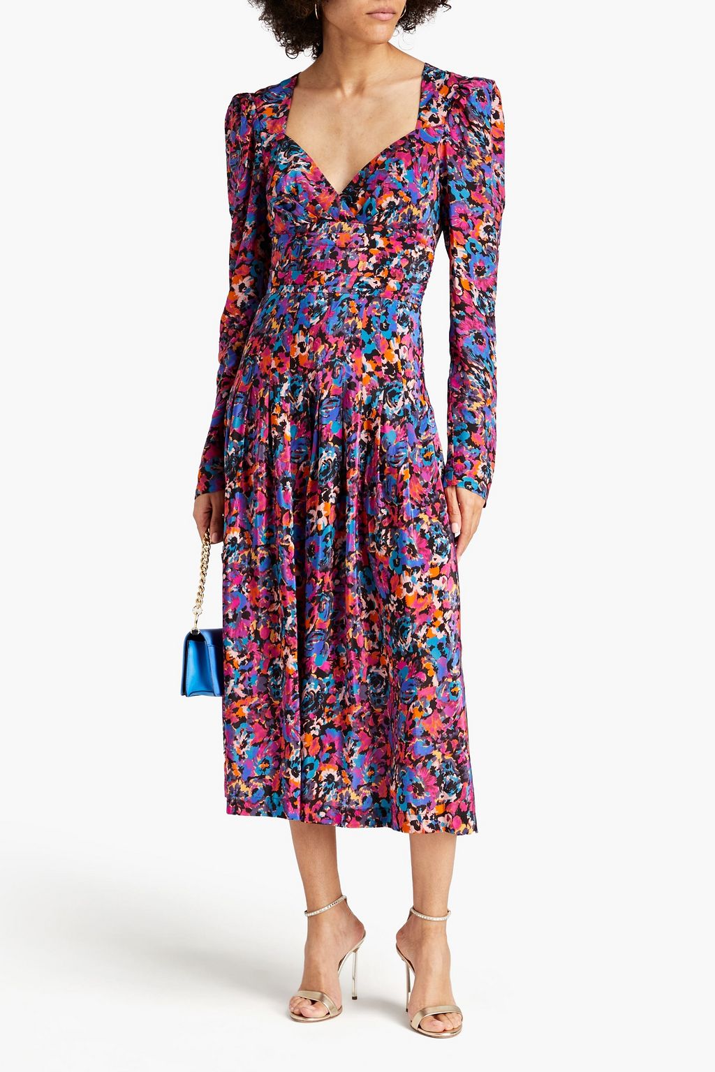 Pleated crepe de Chine midi dress with REBECCA VALLANCE print, multicolor