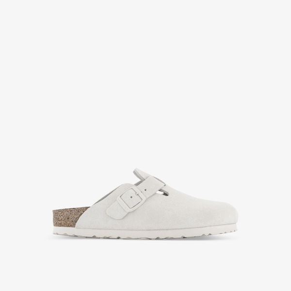 Boston Buckle Suede Mules with Birkenstock Clogs, White