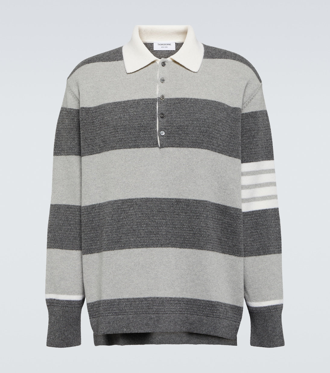 Thom Browne Striped Virgin Wool Polo Sweater, Gray