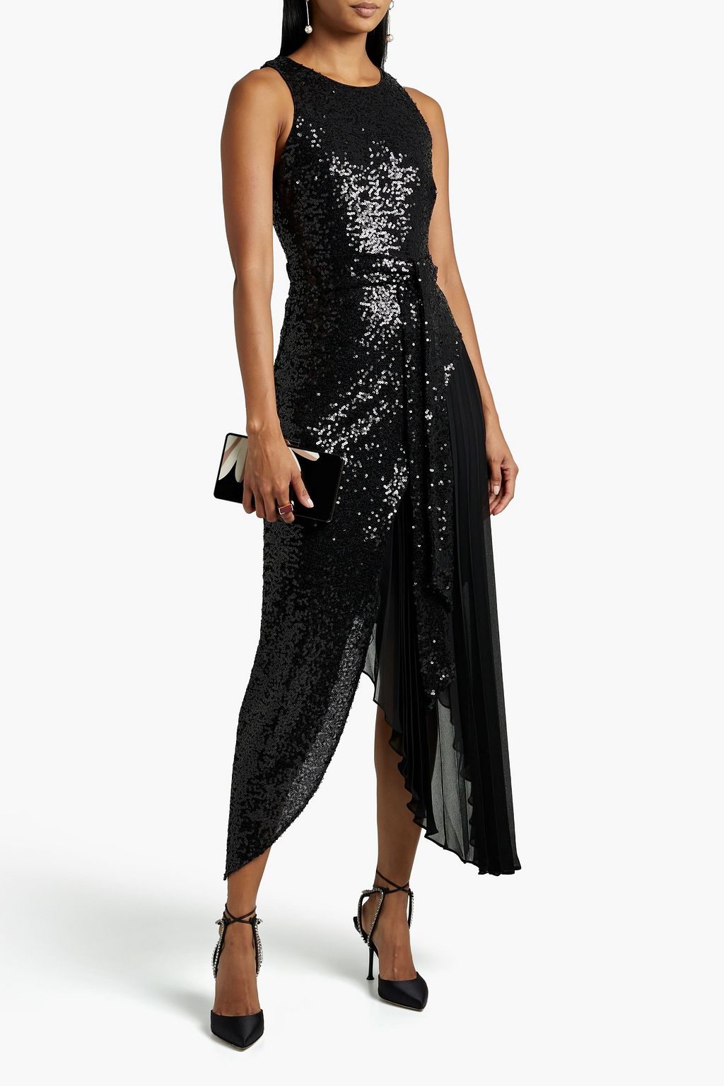 Asymmetrical tulle midi dress with sequins in crepe de Chine BADGLEY MISCHKA, black