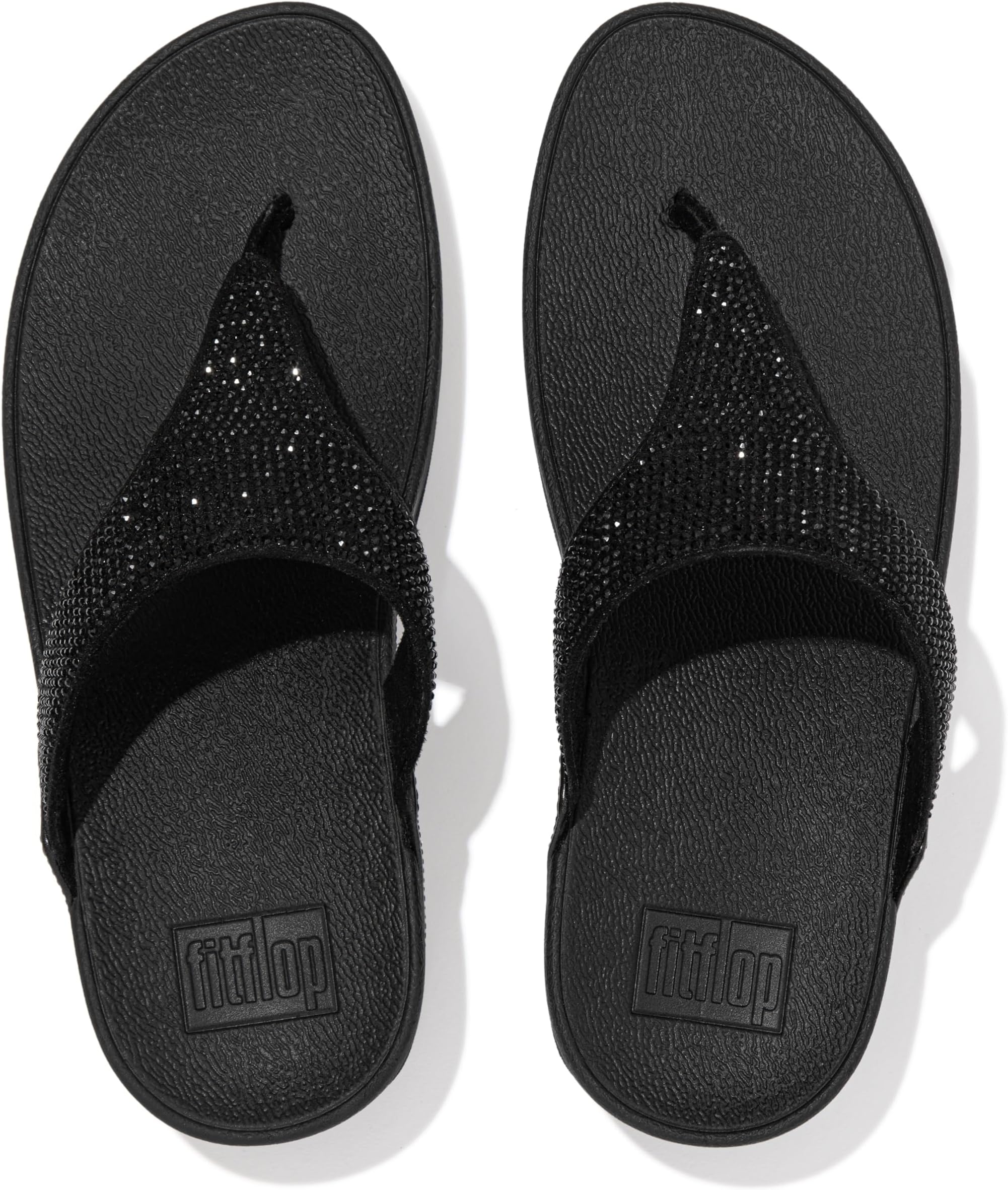 صندل Lulu Crystal Embellished Toe-Post من FitFlop، باللون الأسود بالكامل