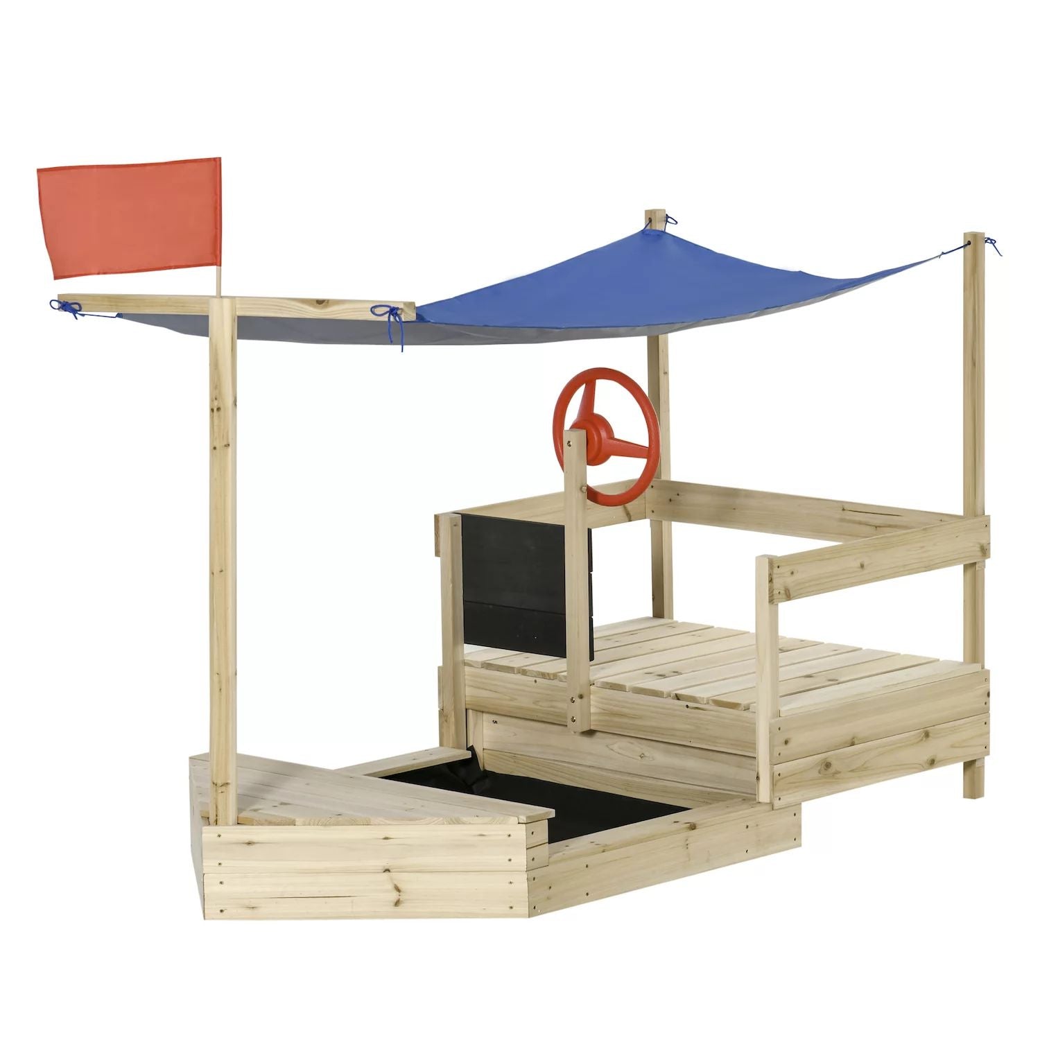 Outsunny Children's Outdoor Sandbox with Pirate Ship and Lid cool shade, wooden sandbox, backyard toy outdoor activities for children from 3 to 8 years old, natural wood Outsunny