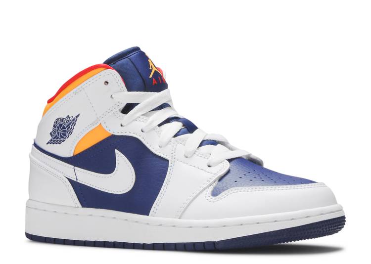 حذاء رياضي AIR JORDAN 1 MID GS 'WHITE DEEP ROYAL BLUE'، باللون الأبيض