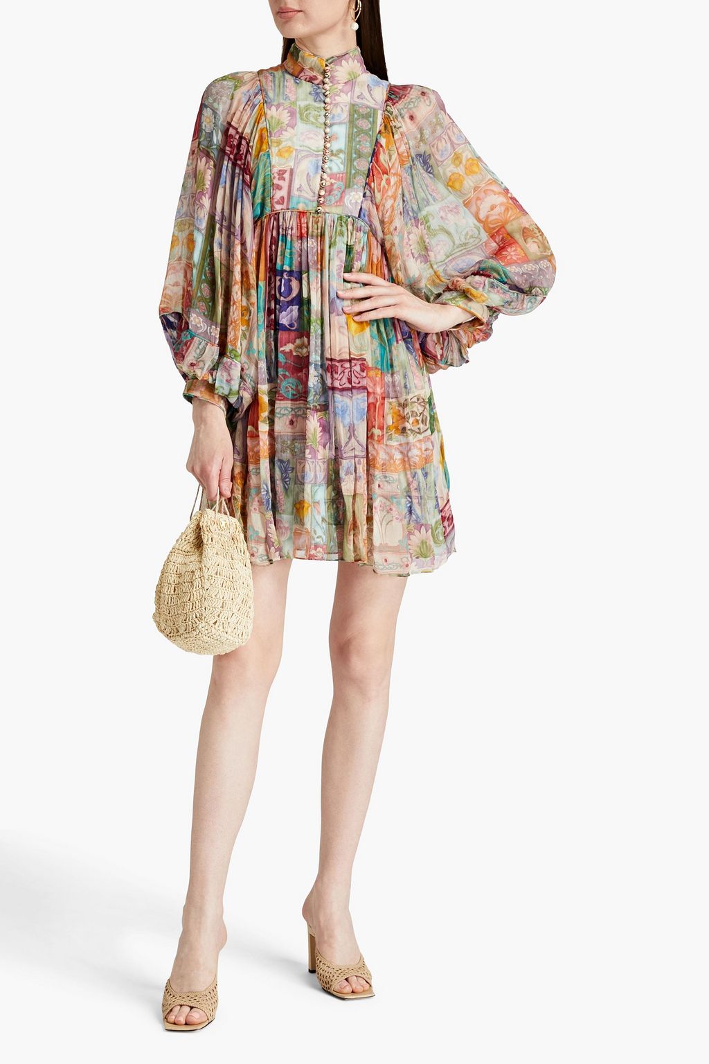 Mini dress in ruched georgette with ZIMMERMANN print and blush