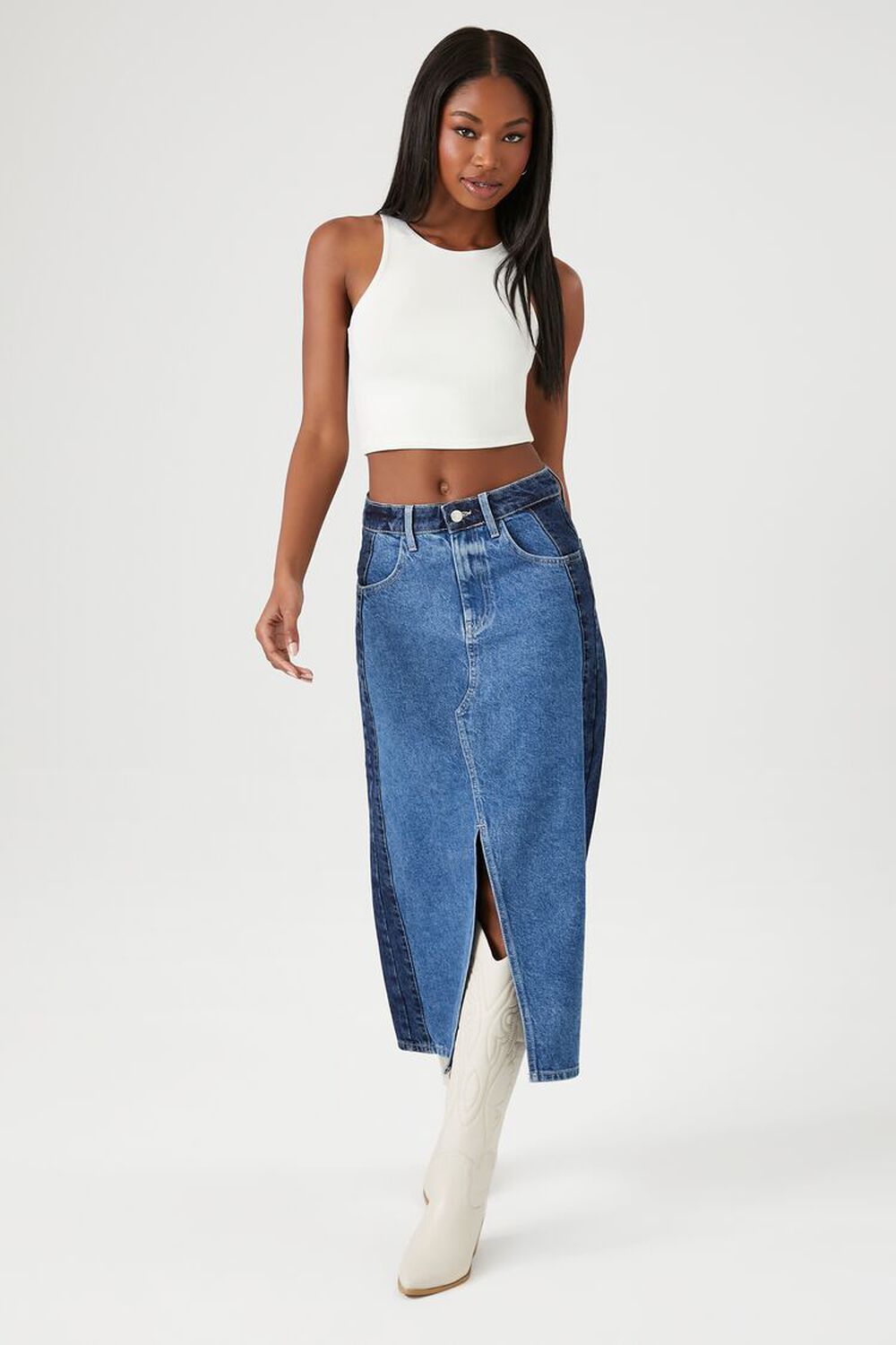 Forever 21 Color Block Denim Midi Skirt, Denim