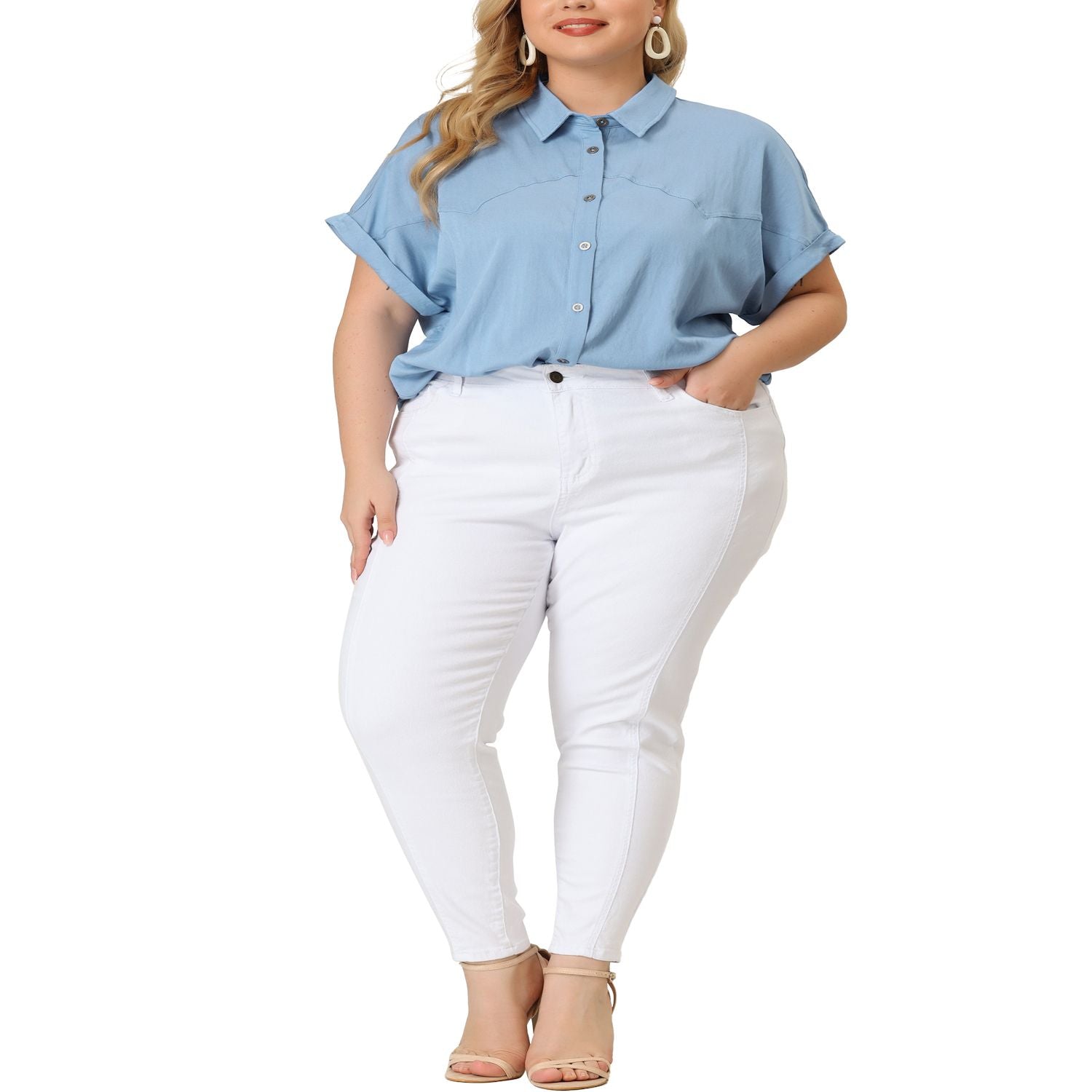 Women's Plus Size Button Down Shirts Agnes Orinda short sleeve chambray shirts, blue