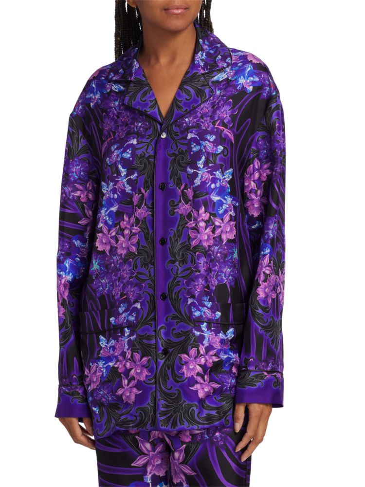 Versace Floral Silk Pajama Shirt in Black Orchid