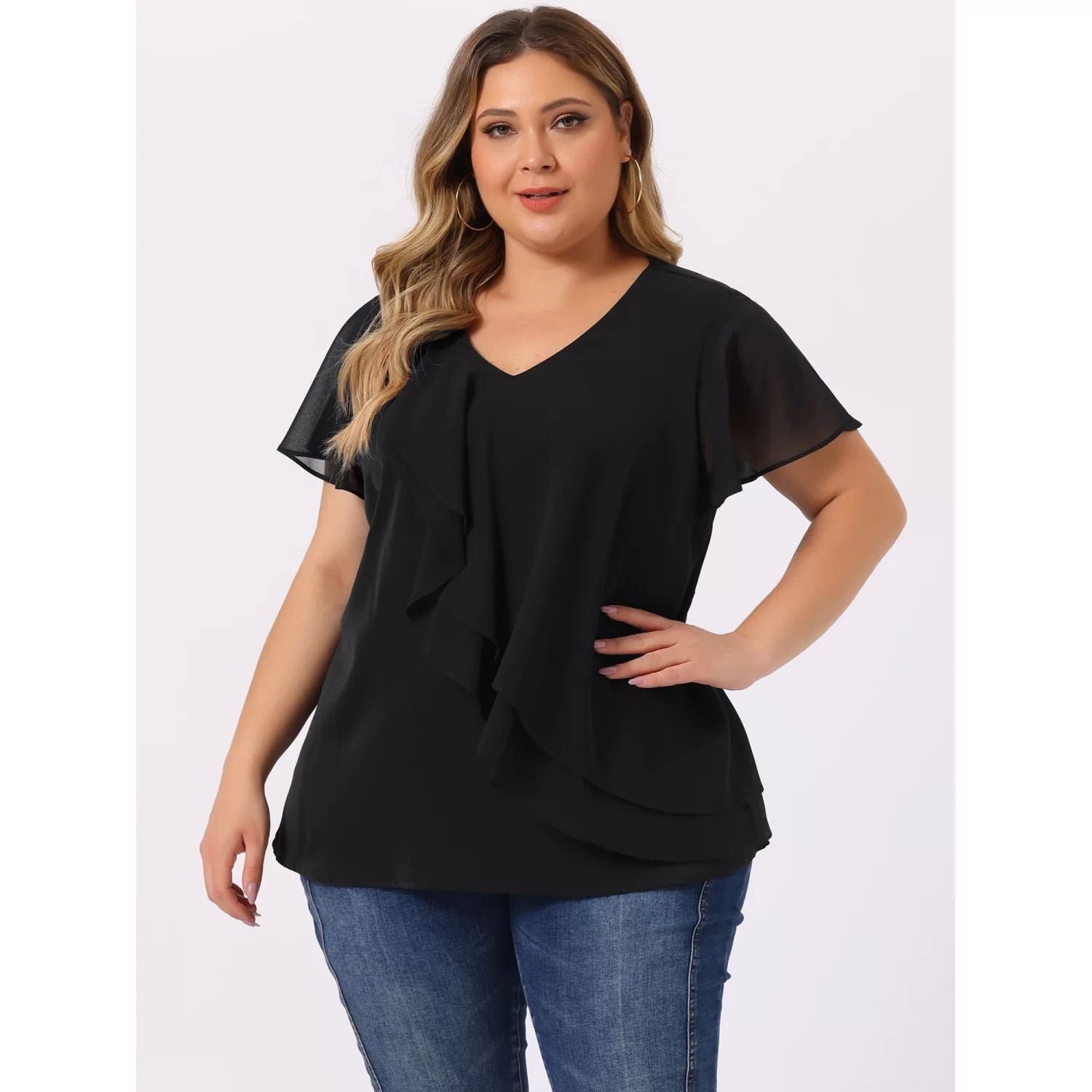 Women's Ruffle V-Neck Layered Blouses Plus Sizes Agnes Orinda flutter sleeve top, navy