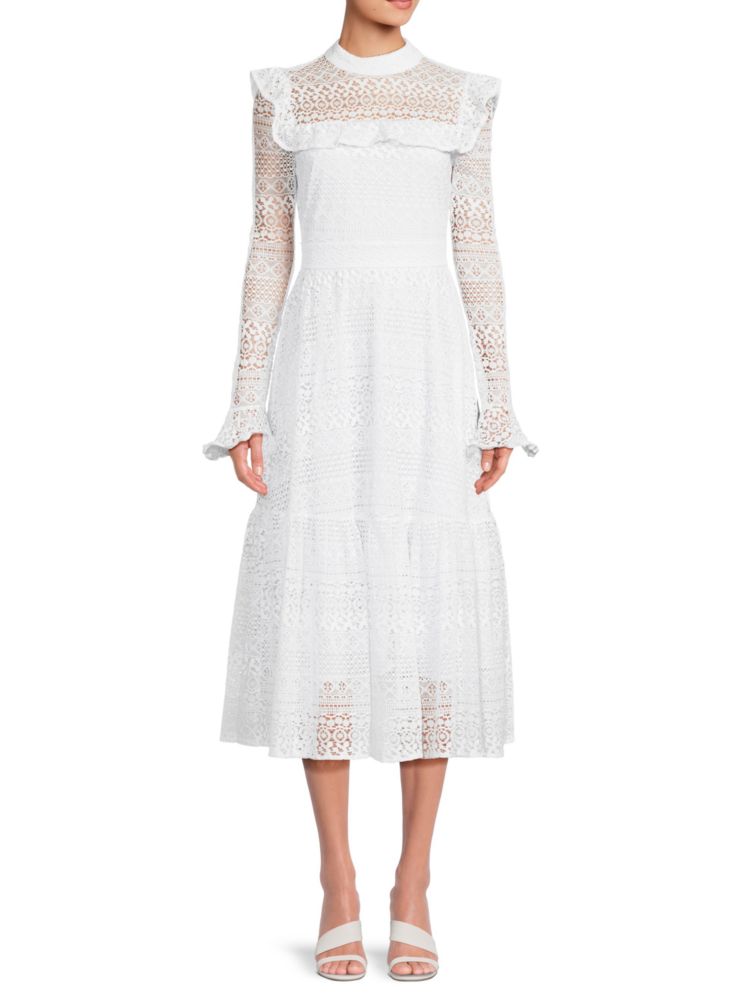 Rachel Parcell Embroidered Ruffle Lace Midi Dress, White