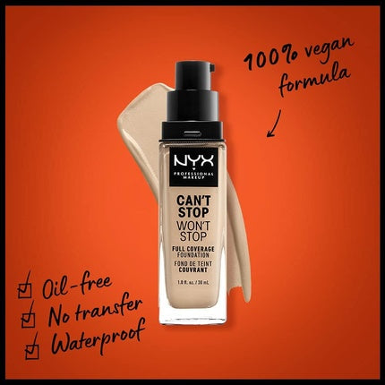 كريم أساس Can't Stop Won't Stop بتغطية كاملة وتركيبة نباتية بلمسة نهائية غير لامعة بلون Nude 06. 5 من Nyx Professional Makeup