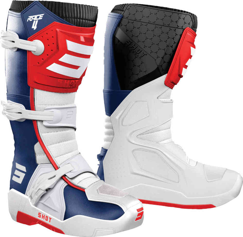 Race 4 Shot Motocross Boots, Blue/White/Red