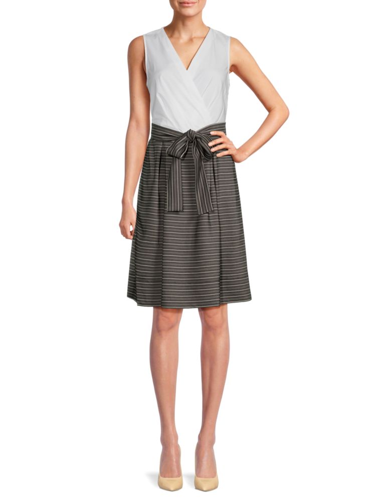 Tommy Hilfiger Belted Pinstripe Flare Dress in Black Ivory