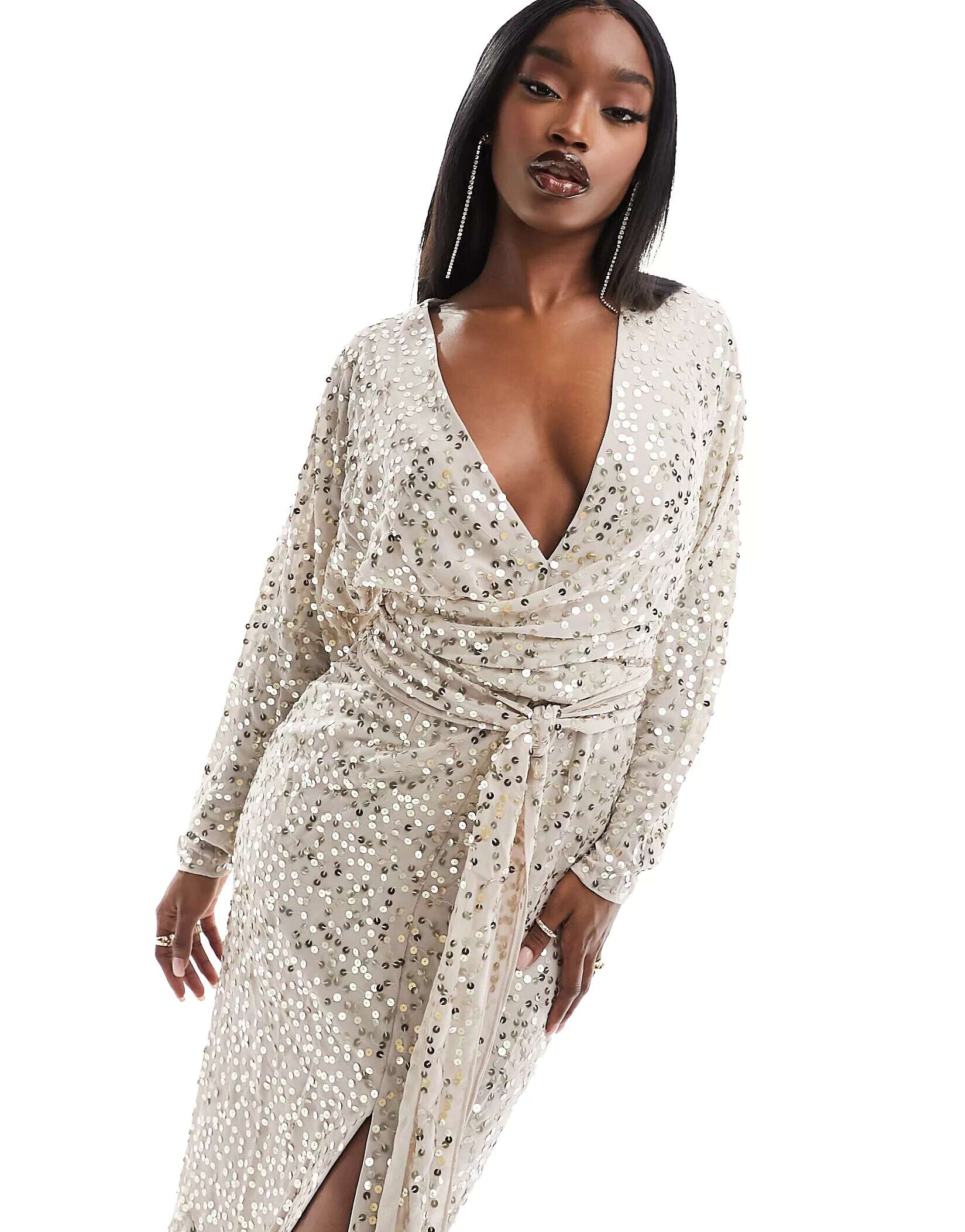 ASOS Dolman Sleeve Midi Dress with Wrap Waist scattered sequins