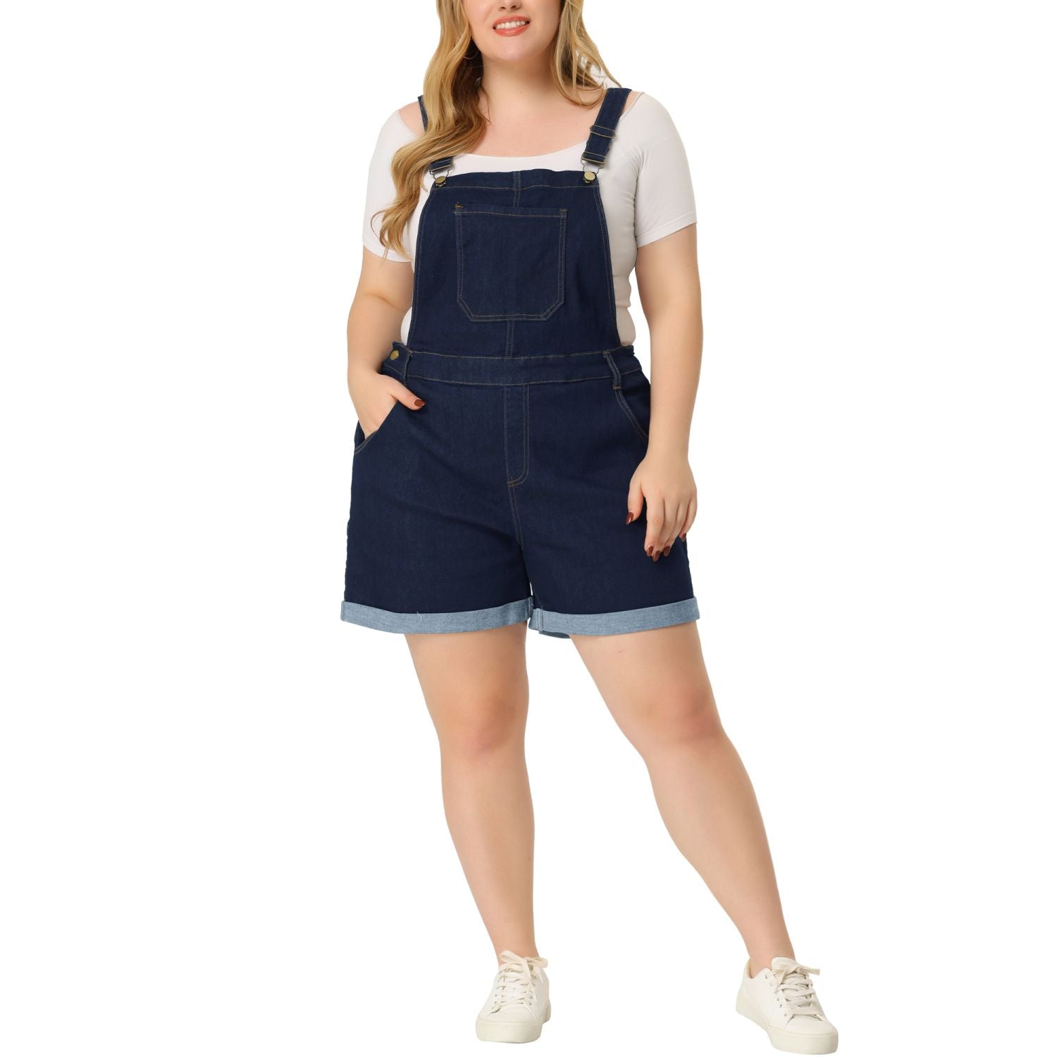 Women's plus size jumpsuit denim overalls with pockets and rounded edges, Agnes Orinda shorts, black