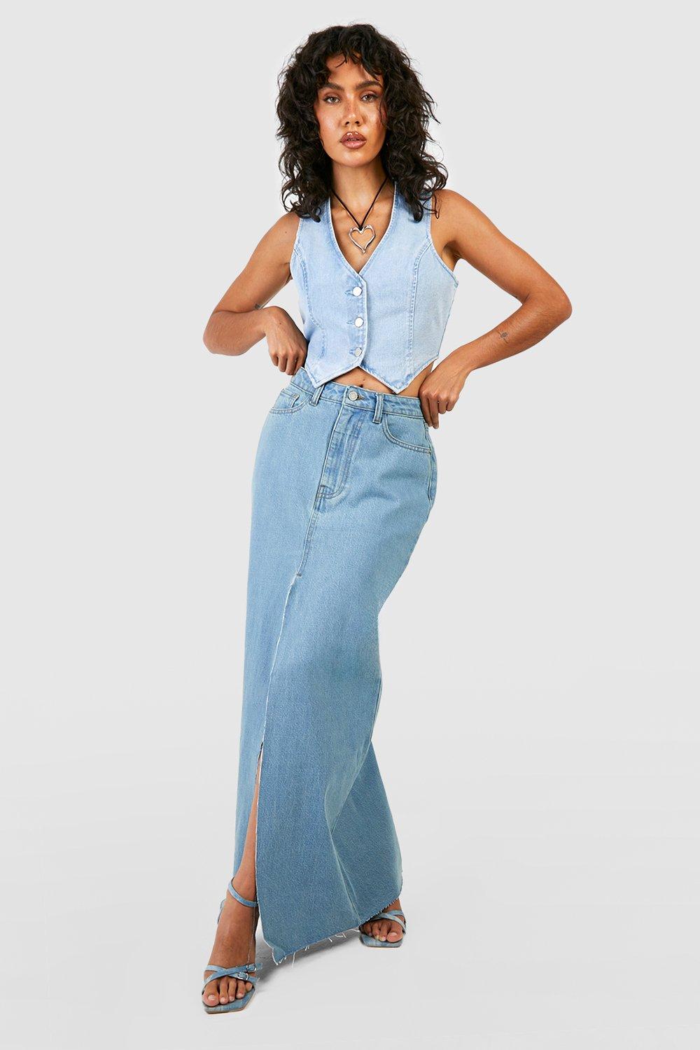 Boohoo High Split Denim Skirt, Blue