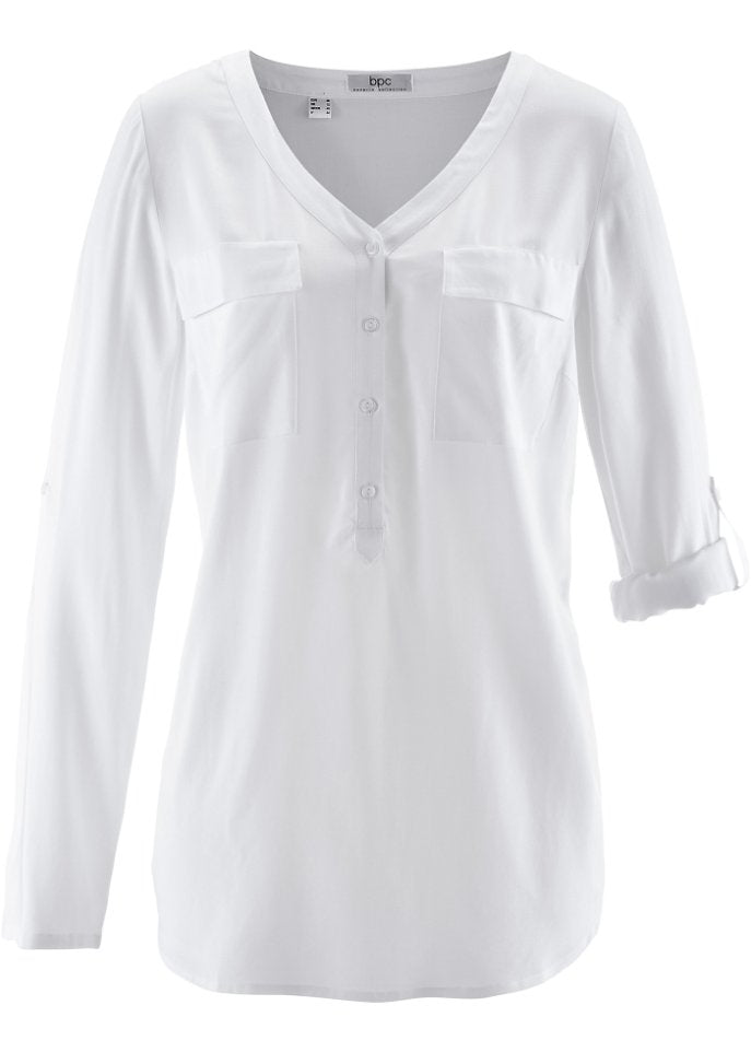 Blouse with v-neck and long sleeves Bpc Bonprix Collection, white