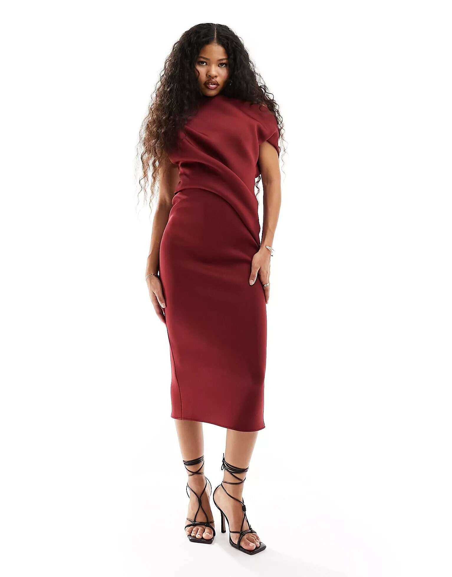 ASOS DESIGN Petite Off Shoulder Midi Dress With Pleated Waist in Burgundy