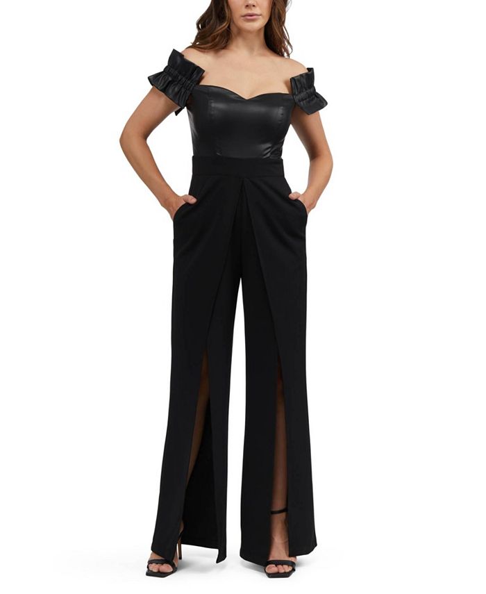 Bebe Women's Faux Leather Off Shoulder Wide Leg Jumpsuit ,  black