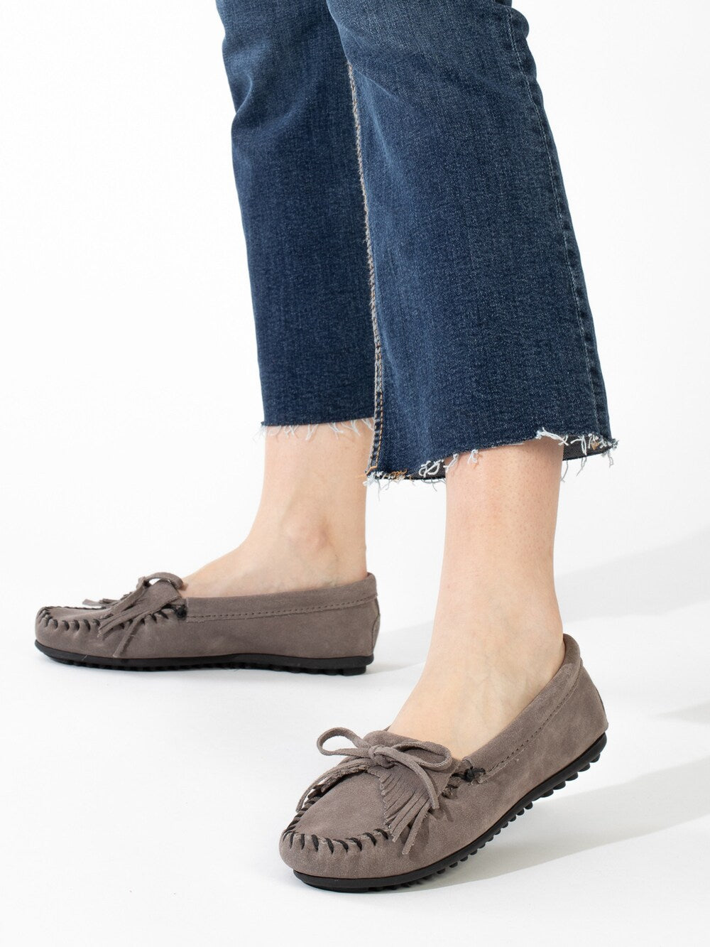 Minnetonka Kilty moccasins, gray