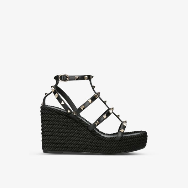 Valentino Garavani Rockstud 95 Braided Leather Heel Sandals, Black