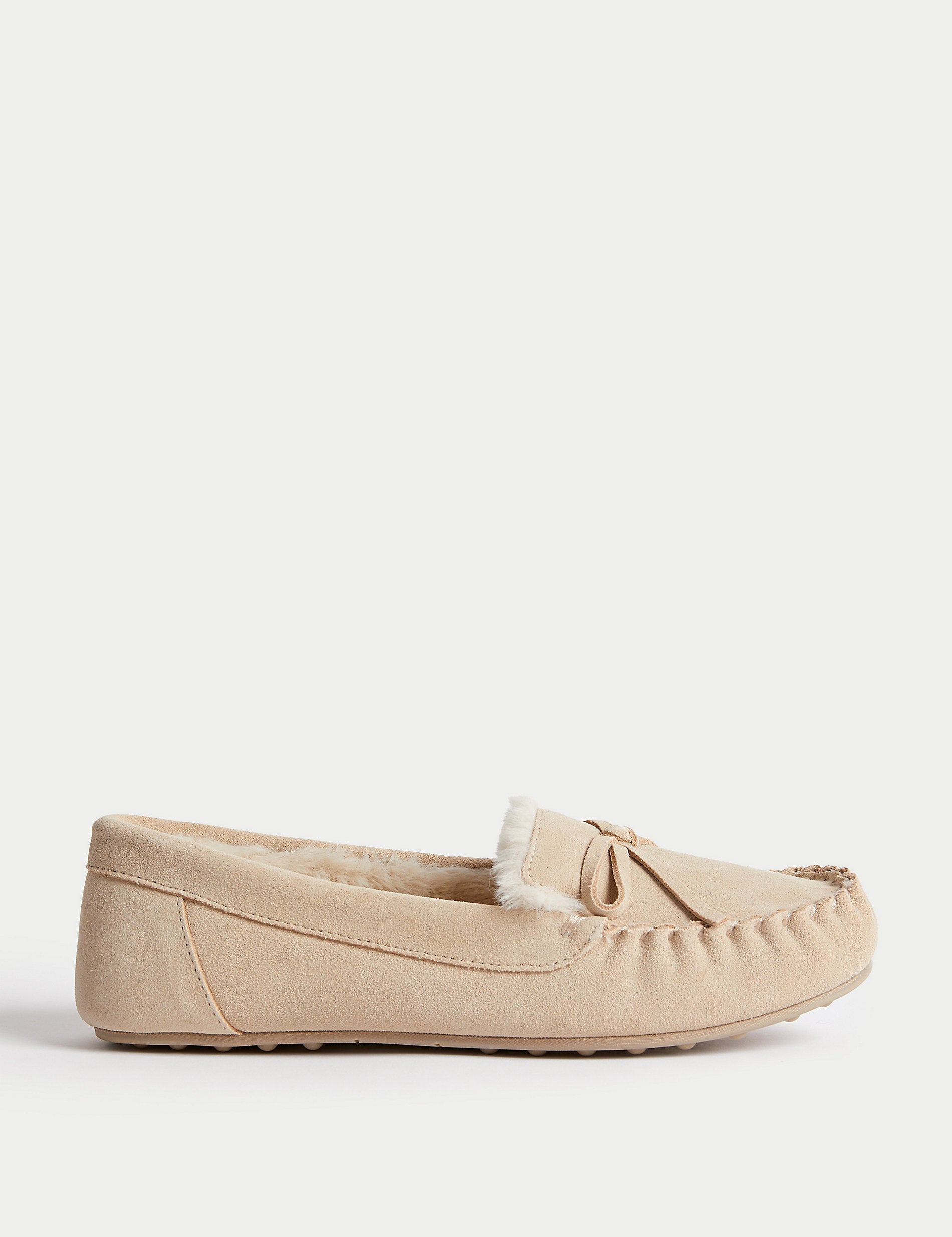 Marks & Spencer Suede Moccasin Slippers with Faux Fur Lining and Bow