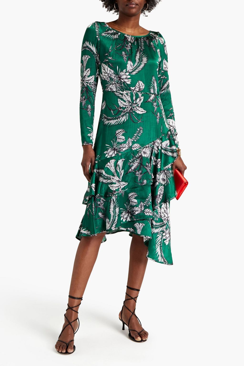 Satin midi dress with asymmetrical print MARCHESA NOTTE, emerald