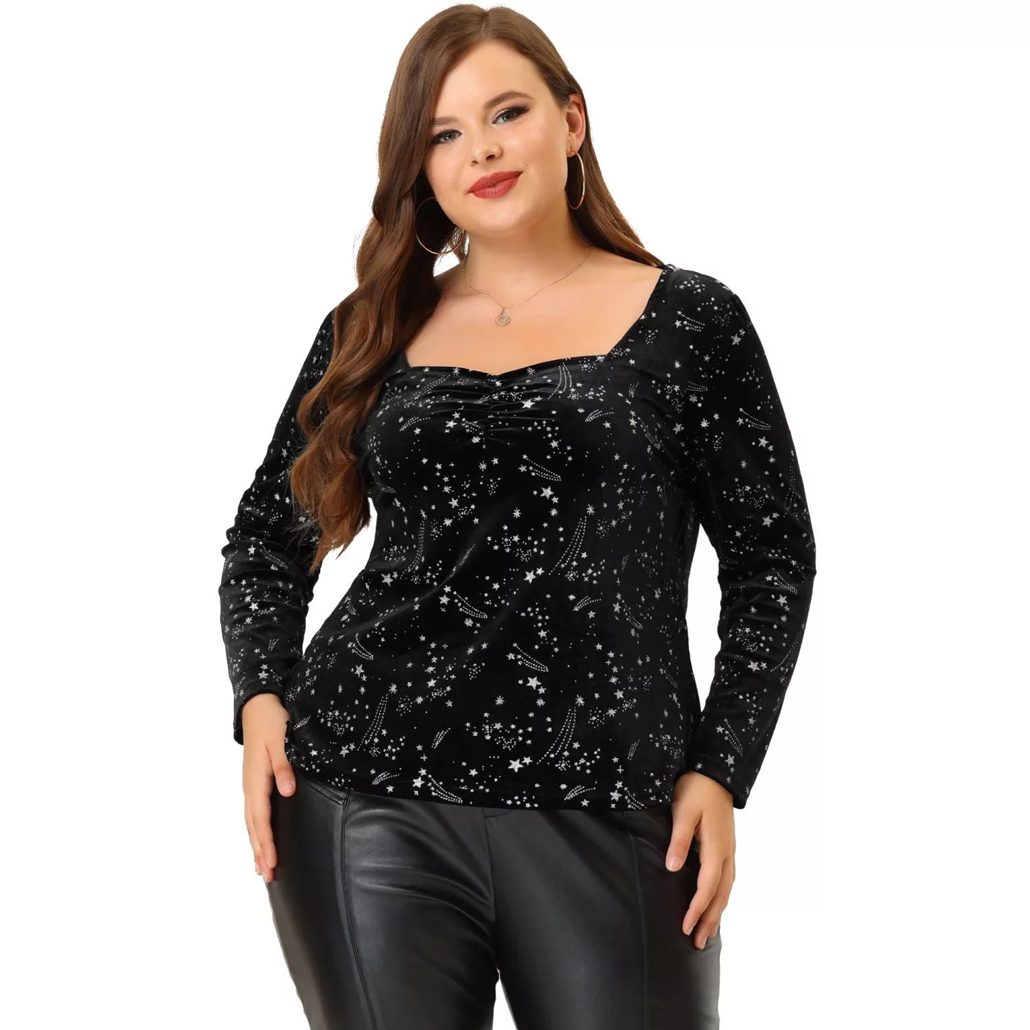 Agnes Orinda Women's Plus Size Velvet Long Sleeve Star Party Top , dark blue