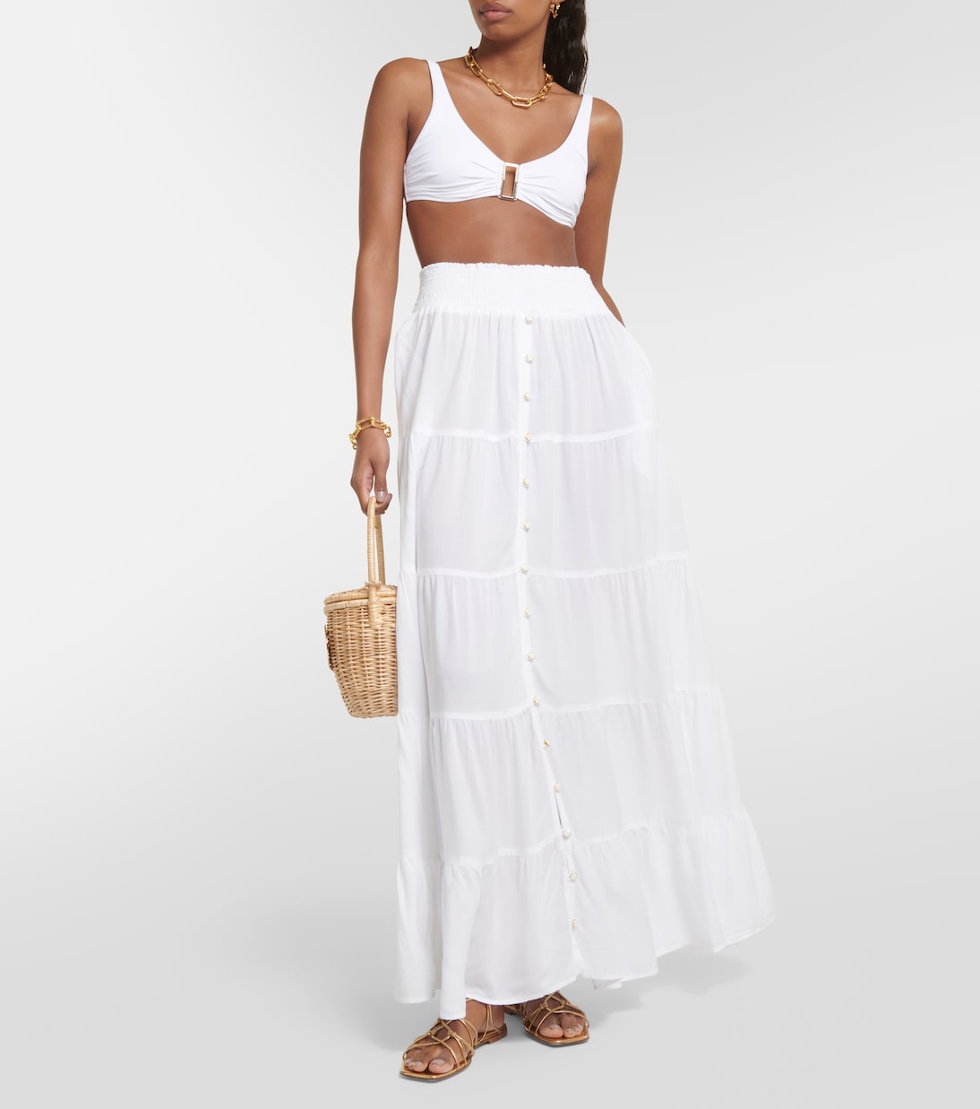 Melissa Odabash Dee High Waist Maxi Tiered Skirt, White