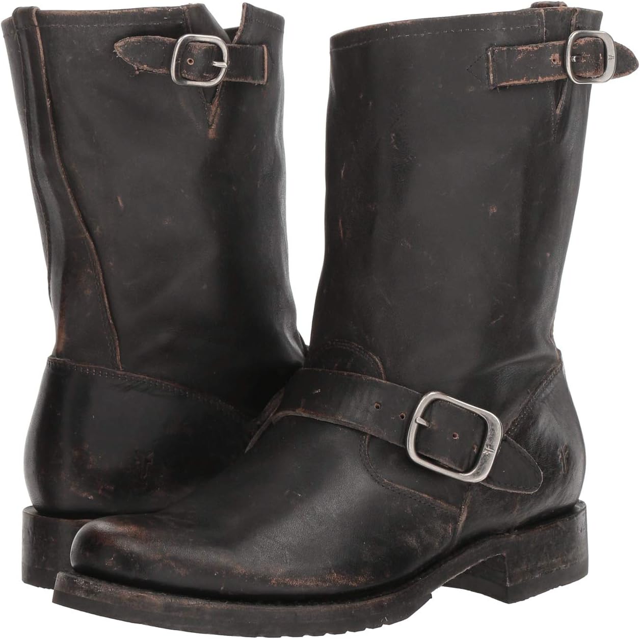 Veronica Short Frye Motorcycle Boots, Black Full Grain Brush-Off