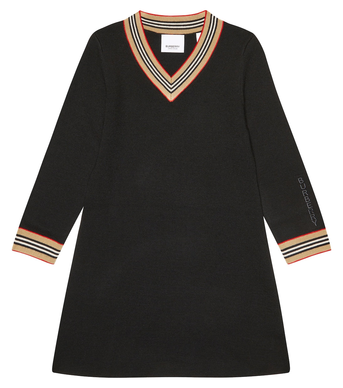 فستان Burberry Icon Stripe V-neck Sweater Dress باللون الأسود