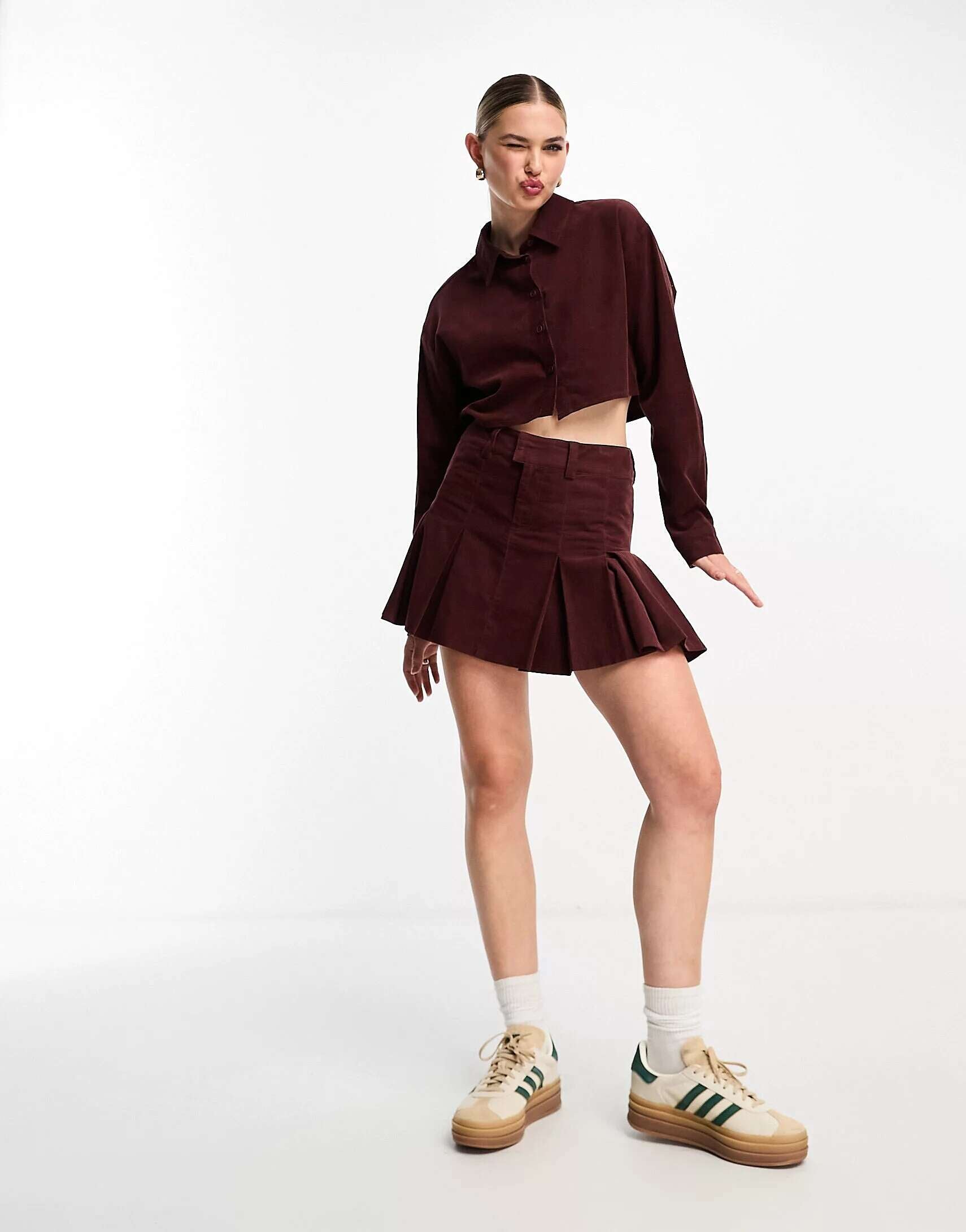 ASOS cropped corduroy shirt in burgundy