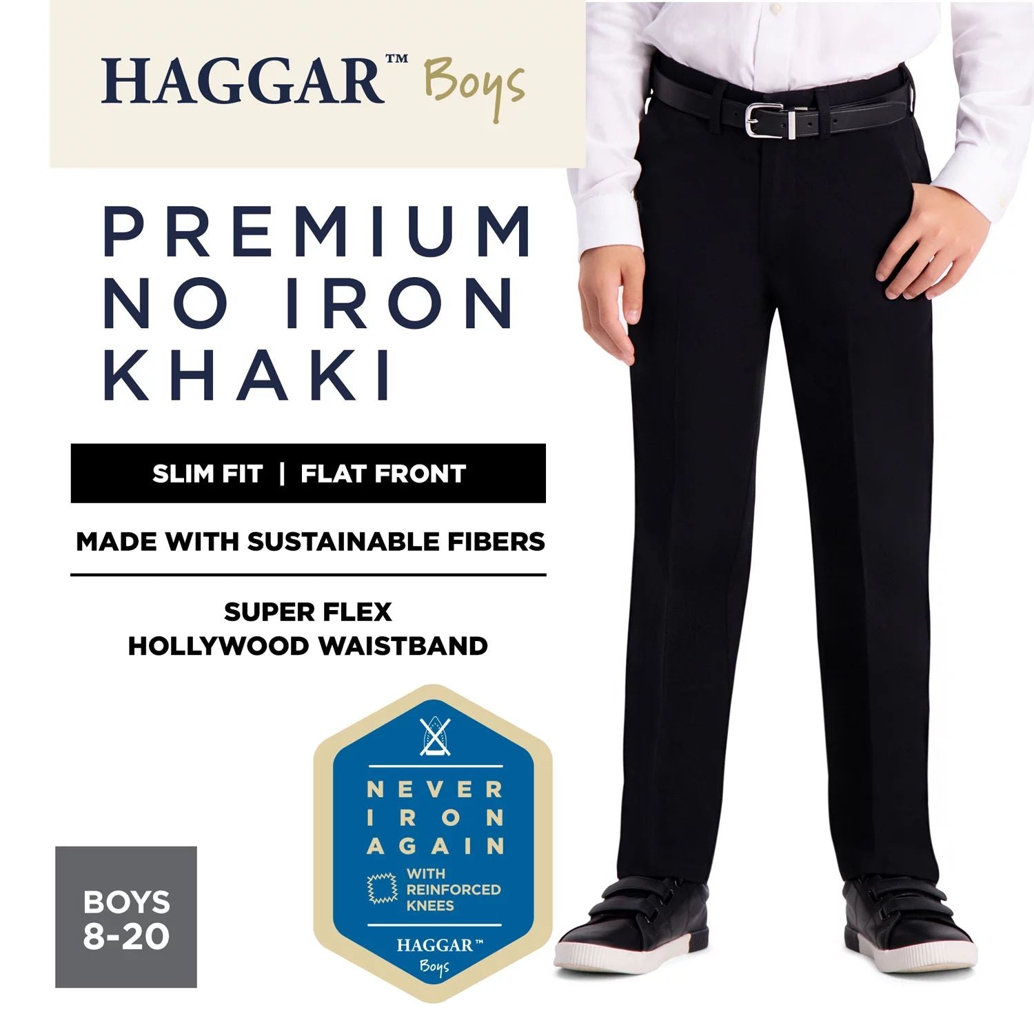 بنطلون كاكي ضيق من Haggar Premium بدون كي للأولاد من سن 8 إلى 20 عامًا Haggar، أسود