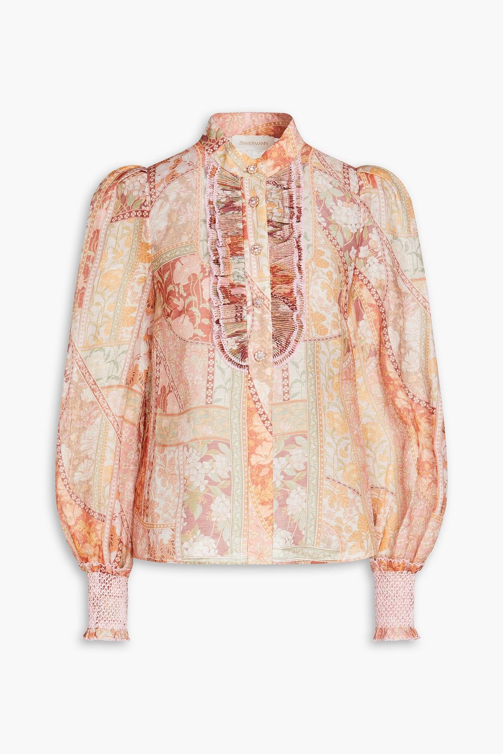 Linen and organza blouse with ruffles and floral print ZIMMERMANN, peach