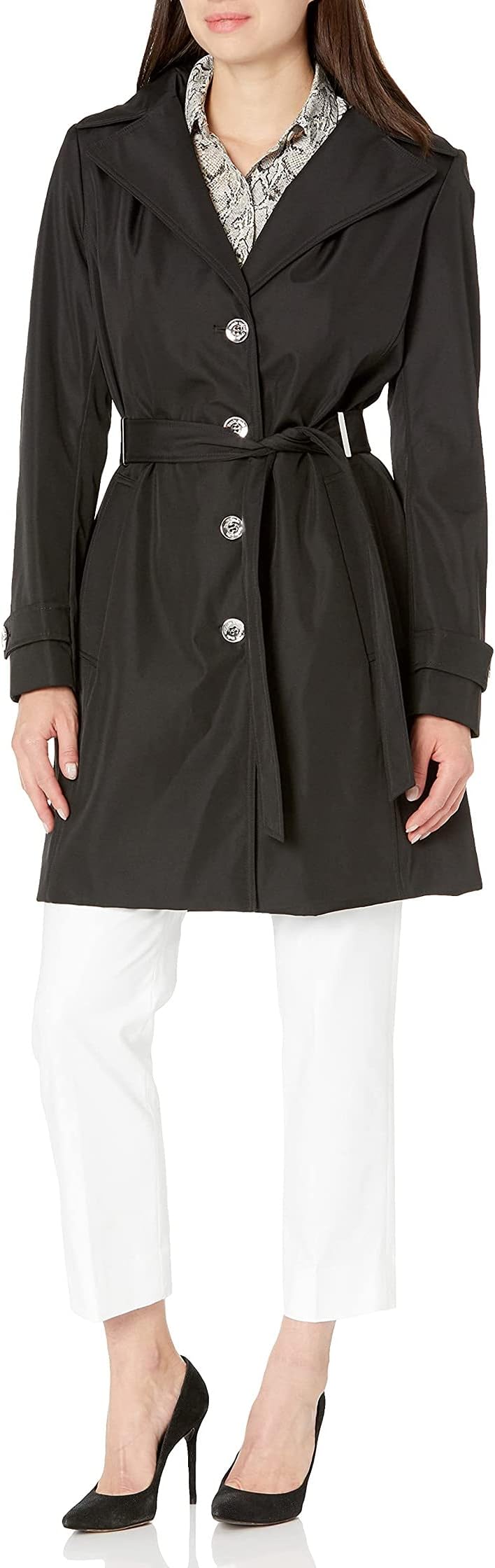 Calvin Klein Women's Single Breasted Raincoat with Belt and Detachable Hood, Black