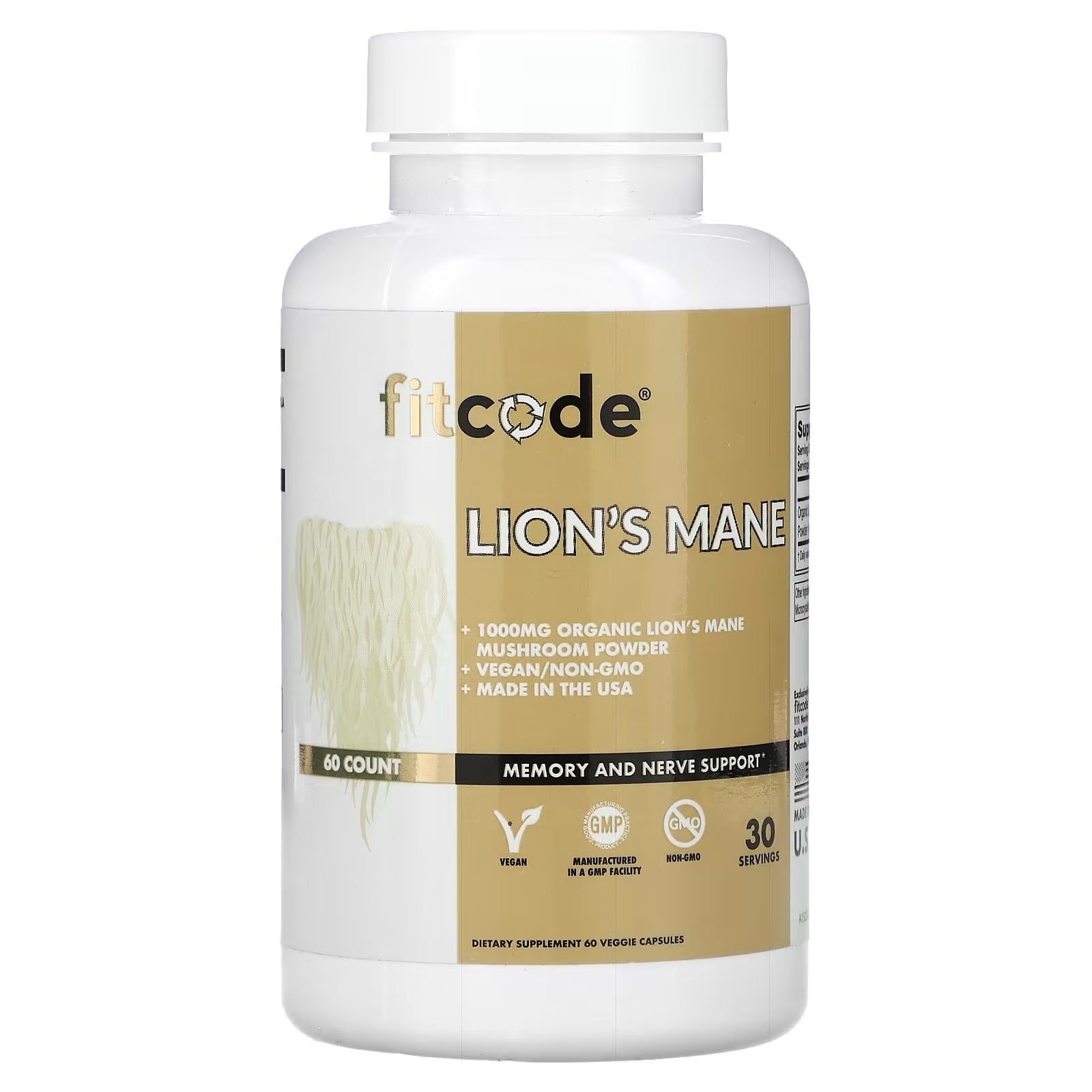 FITCODE Lion's Mane Dietary Supplement, 500 mg, 60 Veggie Capsules